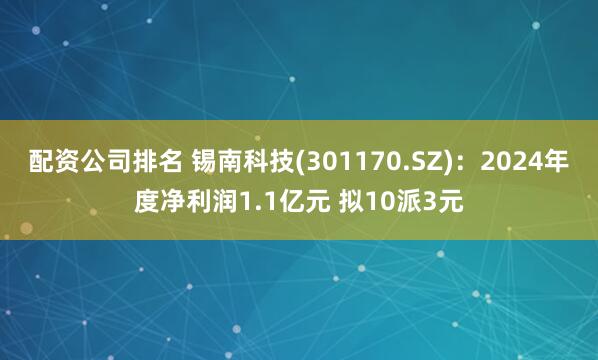 配资公司排名 锡南科技(301170.SZ)：2024年度净利润1.1亿元 拟10派3元